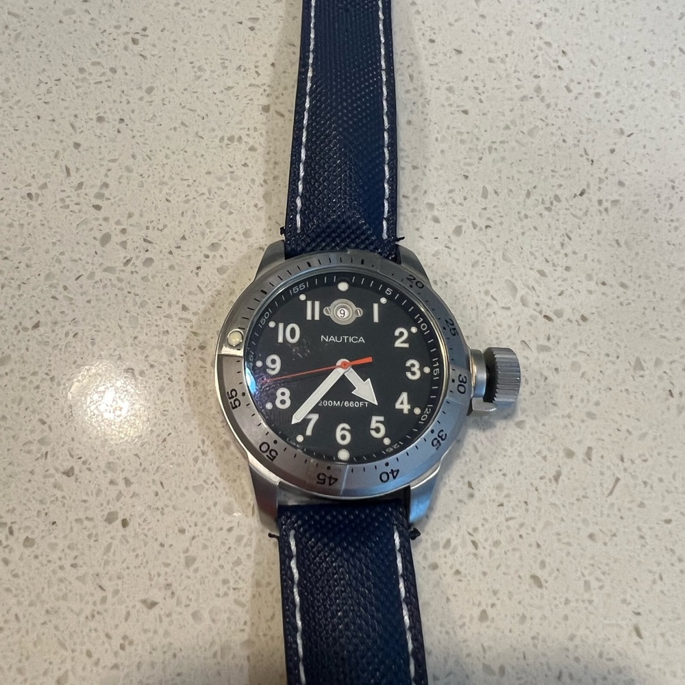 Nautica men’s watch, blue leather band, silver